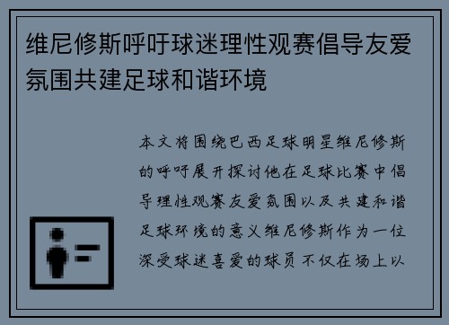 维尼修斯呼吁球迷理性观赛倡导友爱氛围共建足球和谐环境 维尼修斯呼吁球迷理性观赛倡导友爱氛围共建足球和谐环境