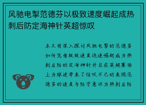 风驰电掣范德芬以极致速度崛起成热刺后防定海神针英超惊叹